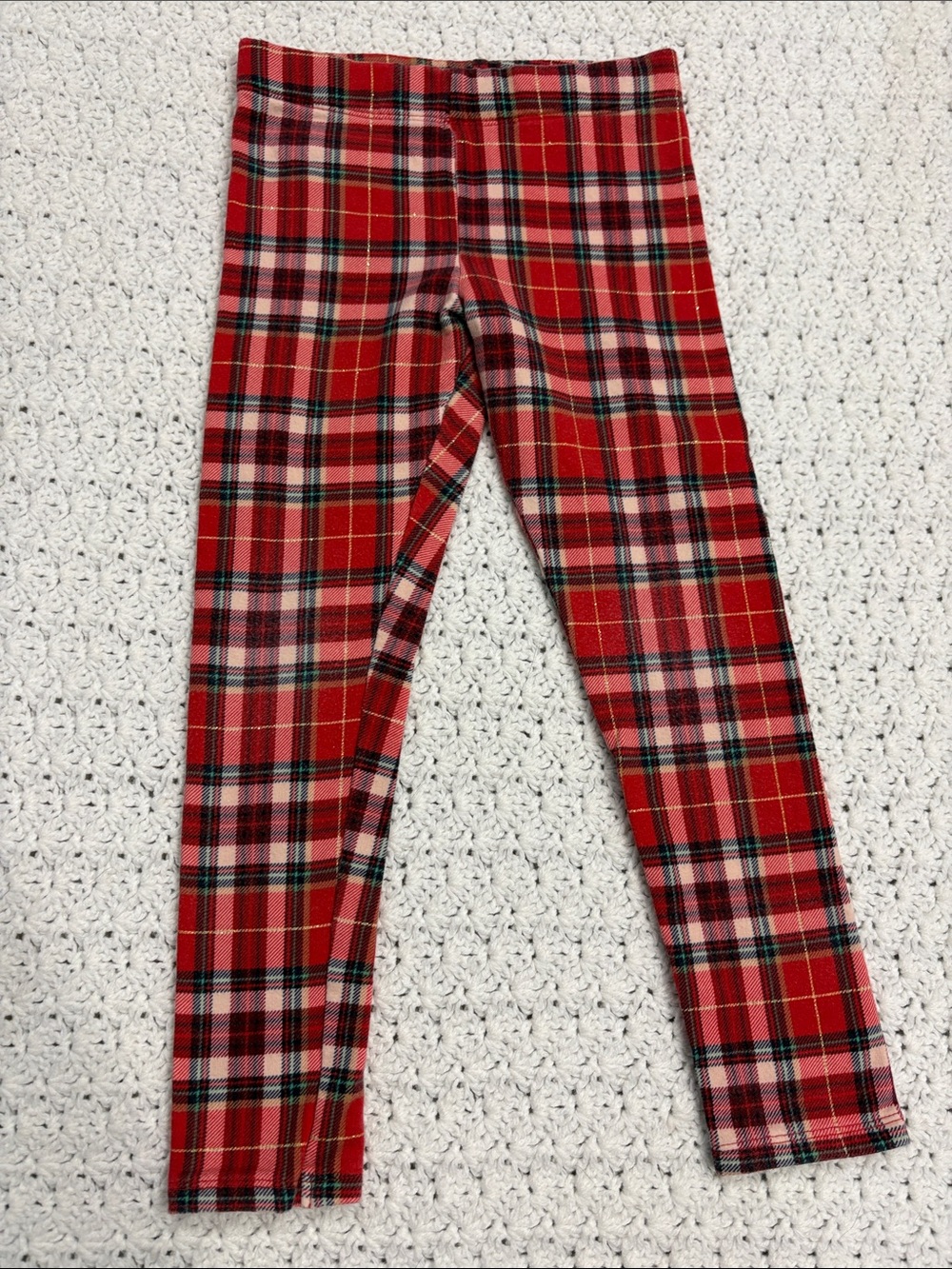 H&M Kids Red Plaid Holiday Cotton Leggings Adjustable Waist Girls Pant Size 5-6T